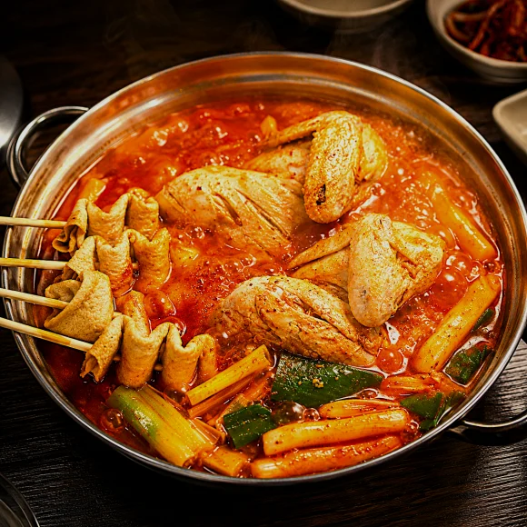 어묵 꼬치와 닭고기를 담은 국물 닭도리탕